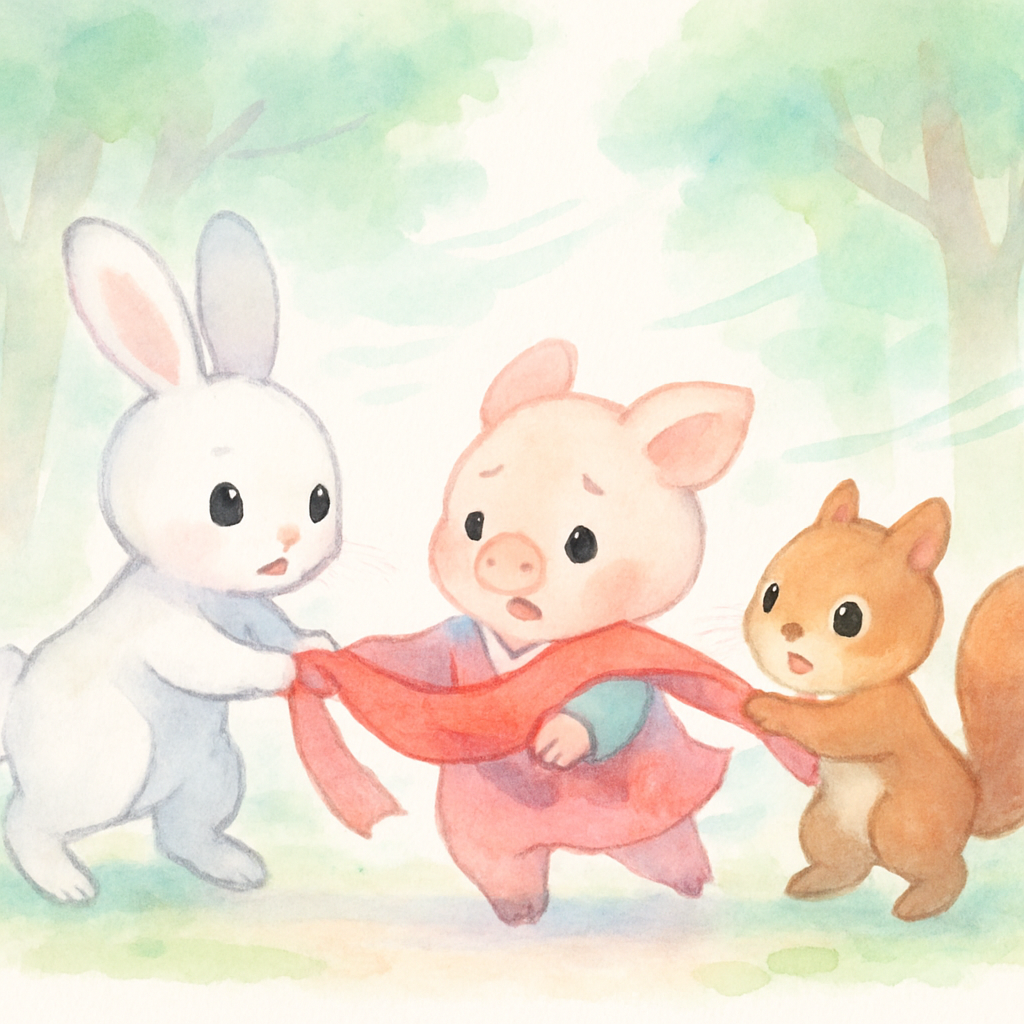 바람에 날리는 빨간 저고리를 토끼와 다람쥐가 함께 잡아주는 장면